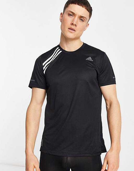 Men adidas Running 3 stripe t-shirt in black 