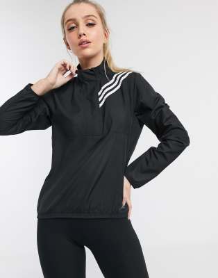 adidas Running 3 stripe zip thru jacket in black | ASOS