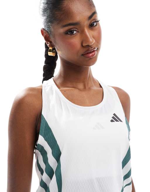 adidas Running – Adizero Archive – Vitt/blågrönt löparlinne , 2 av 4