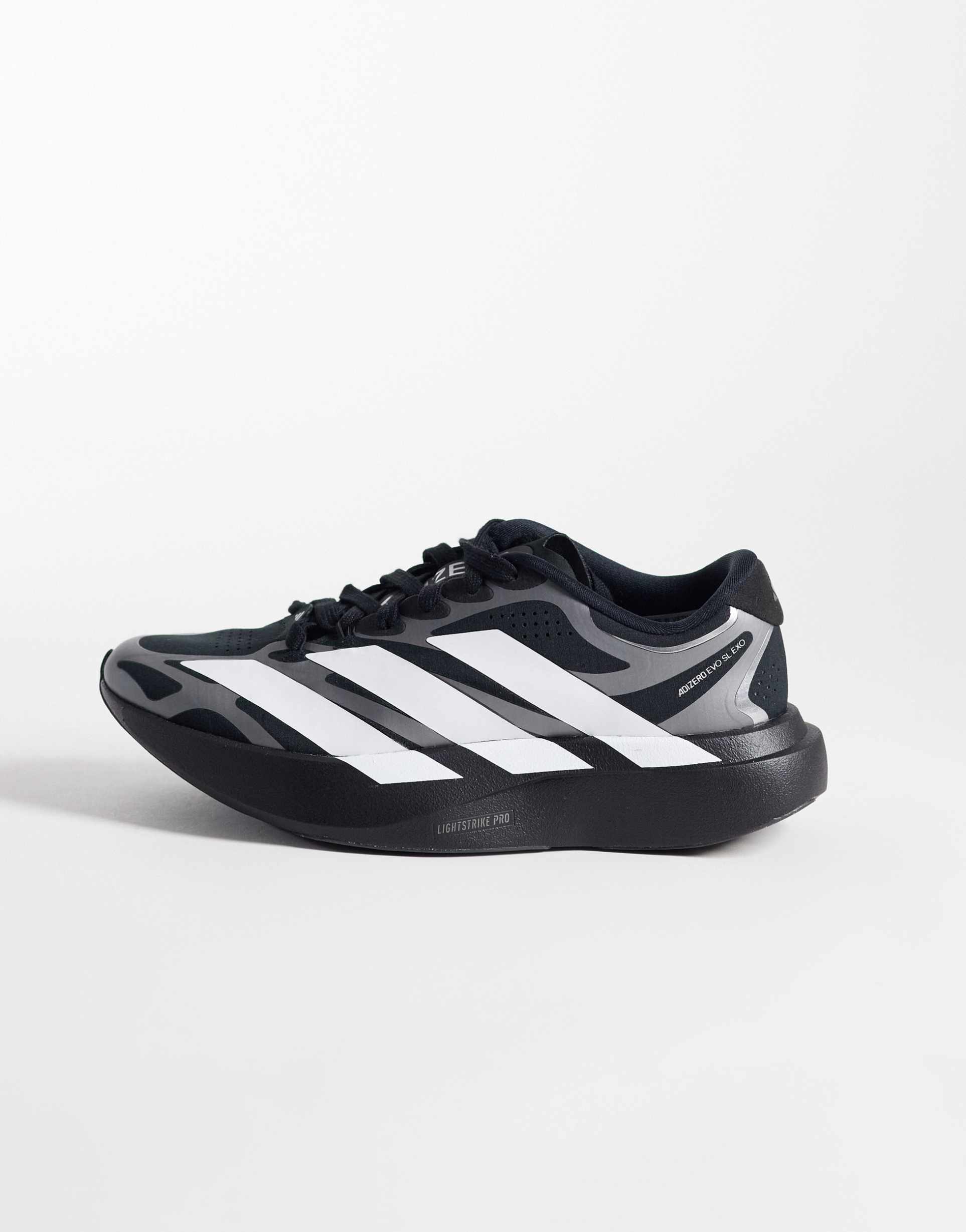 adidas running adizero evo sl exo sneakers in black, white and silver