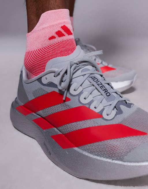 adidas Running Adizero Evo SL sneakers in light gray and red | ASOS