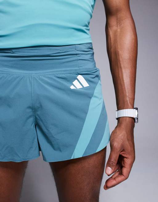 adidas Running - Adizero - Pantaloncini color verde-azzurro con 3 strisce laterali, 5 di 5