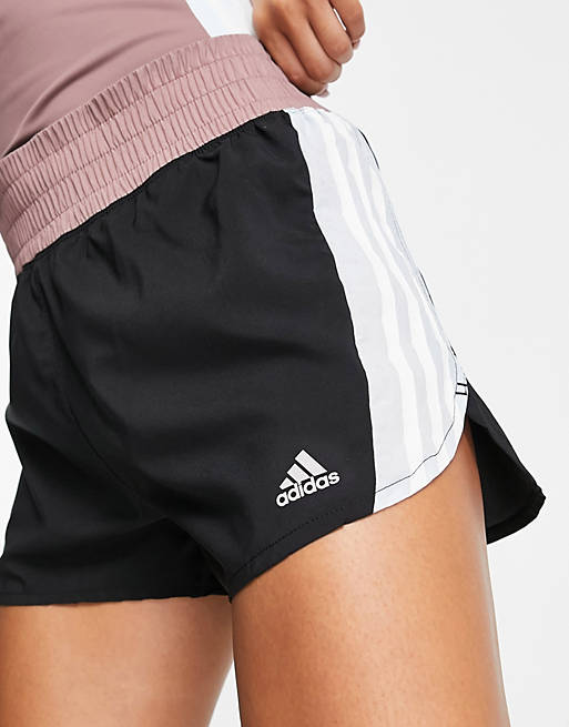 adidas Running colourblock 3 stripe high waisted shorts in black, blue and burgundy