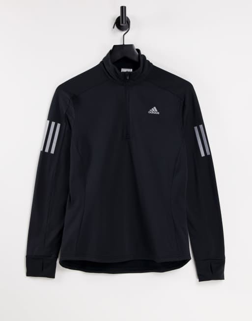 adidas - Running - Felpa calda nera con zip corta e 3 strisce riflettenti