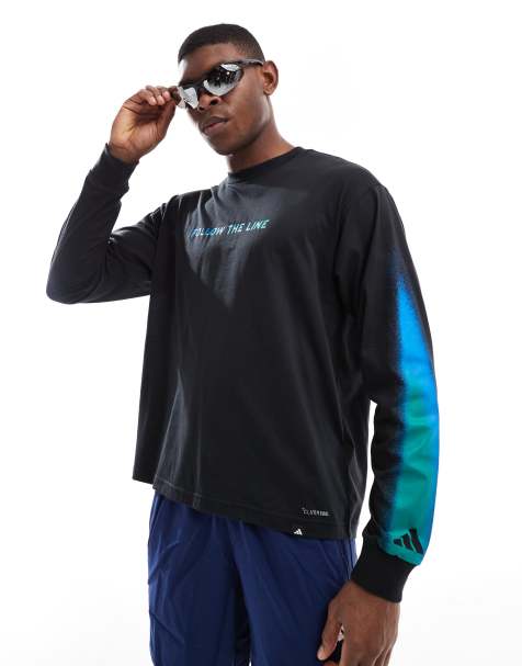 adidas Running Follow The Line long sleeve top in black and blue