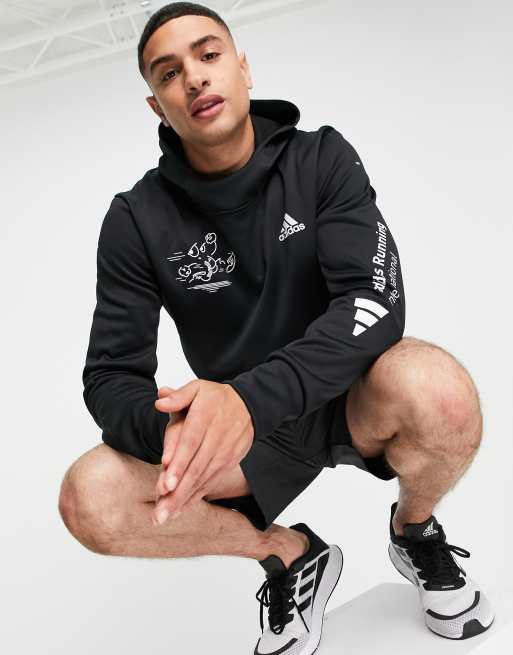 adidas Running hoodie with repeat logo arm print in black