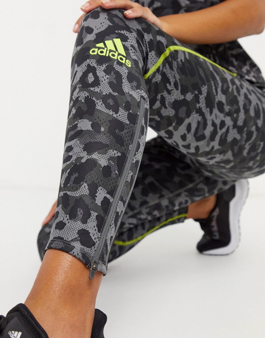 adidas Running leopard print leggings in grey