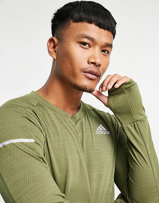  adidas Running long sleeve top with reflective detail in khaki 