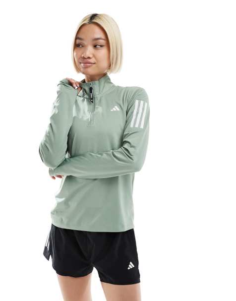 adidas Running Own The Run 1/4 zip top in silver green