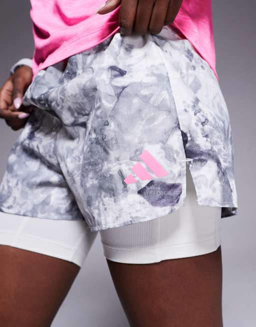 adidas Running Own The Run 2 in 1 shorts in grey print and pink, 2 of 5