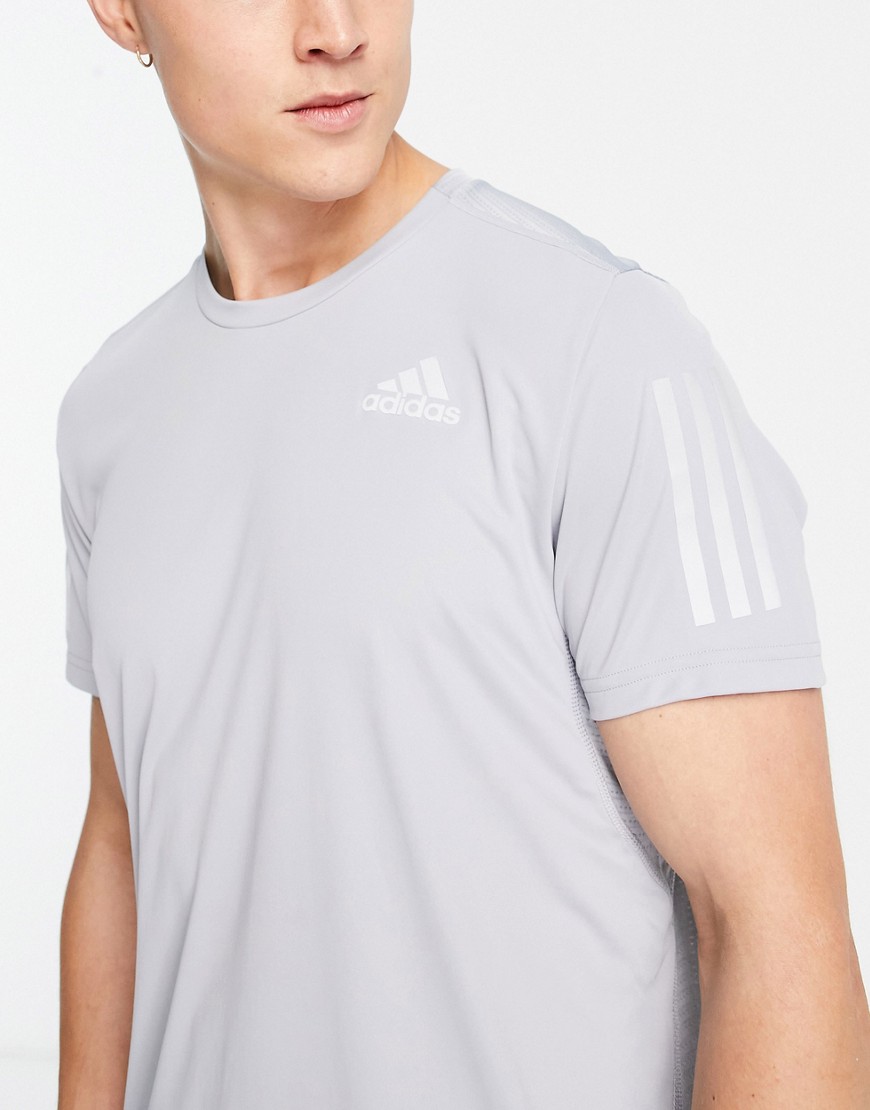 Adidas Running Own The Run 3 stripe sleeve t-shirt in gray