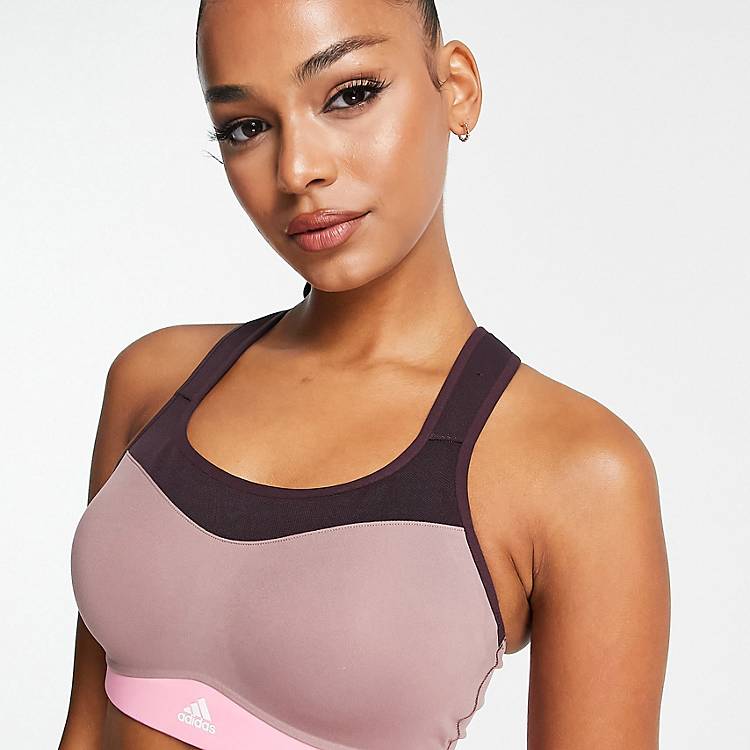 adidas Running Own The Run color block high support sports bra in brown