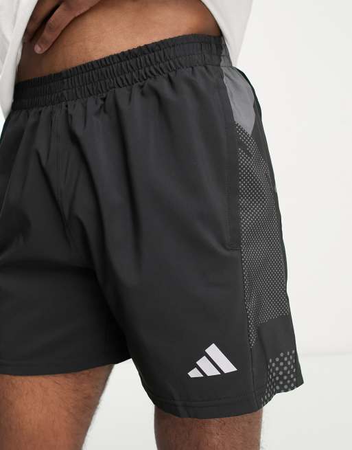 adidas Running Own The Run side panel abstract print 5 inch shorts in black