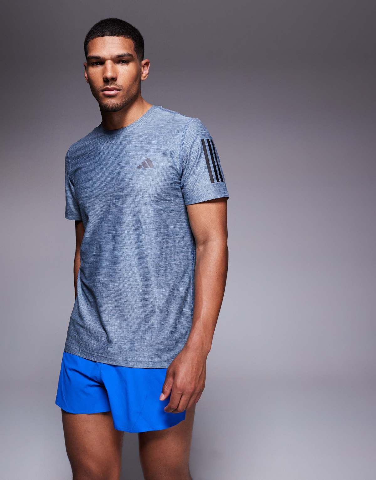 adidas Running Own The Run t-shirt with black 3 stripes in navy