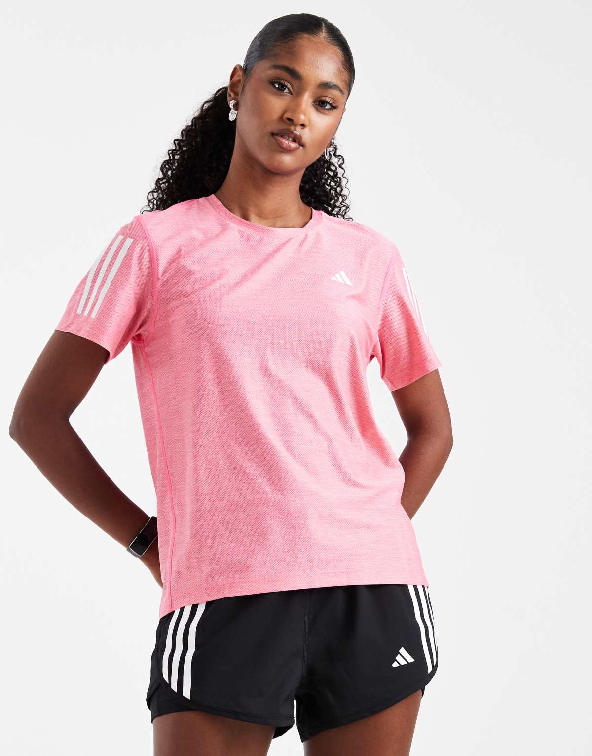 adidas Running Own the run tee in lucid pink / white