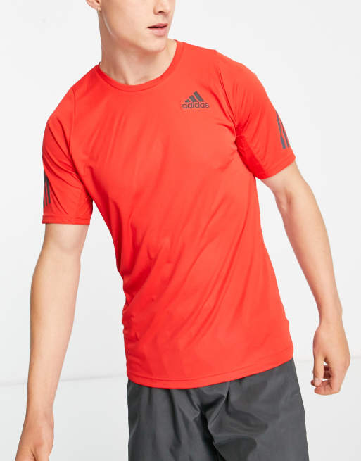 adidas Run Icons stripe t-shirt in red | ASOS