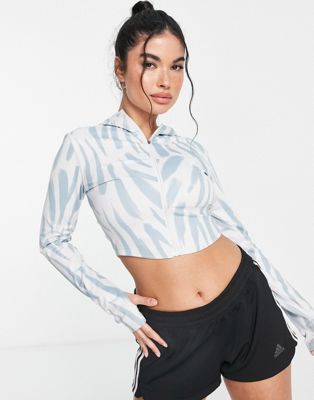 adidas Running Run Icons printed long sleeve hooded top in white and blue  - ASOS Price Checker