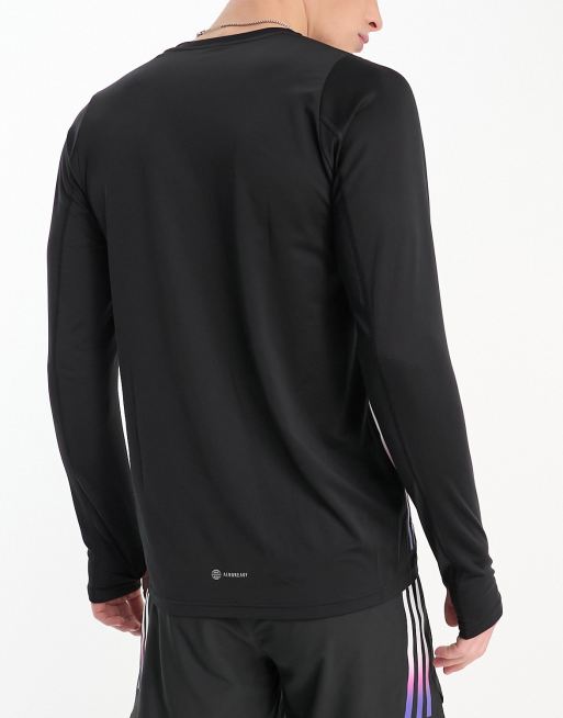 adidas Running - Run Icons - Top nero a maniche lunghe con 3 strisce sfumate, 4 di 4
