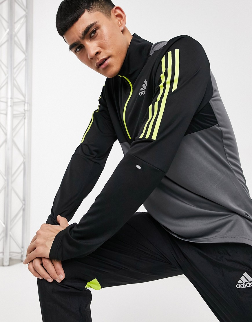 Adidas – Running – Svart och grå träningshuvtröja med 1/4-dragkedja