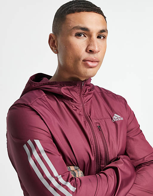 adidas Running track jacket with hood in burgundy
