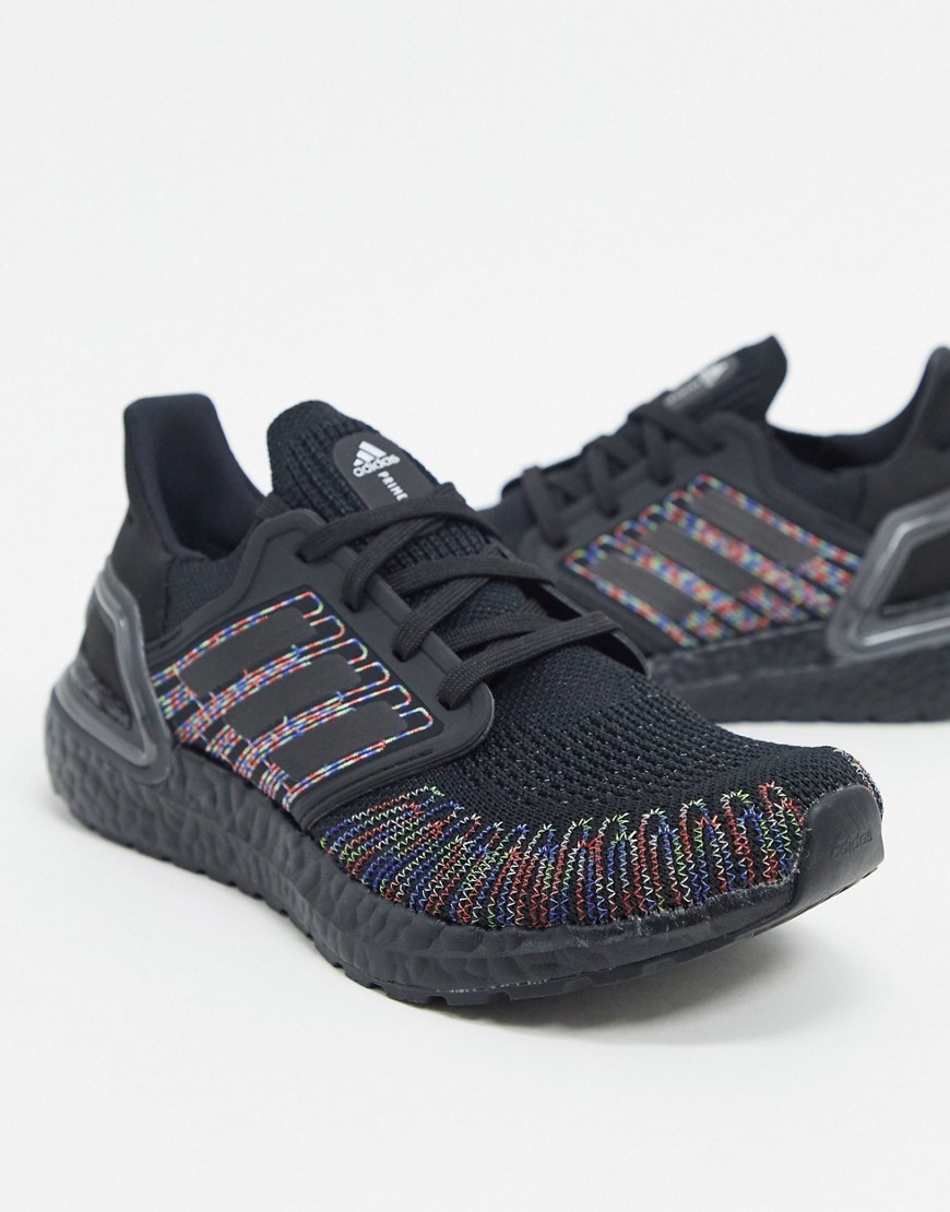 Adidas Running Ultraboost 20 trainers in black with rainbow stitch detail