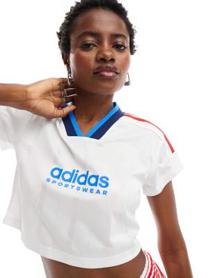 adidas Soccer Tiro crop T-shirt in white with red stripes