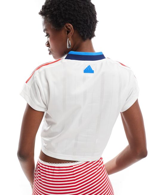 adidas Soccer Tiro crop T-shirt in white with red stripes | ASOS