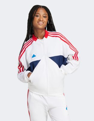 adidas Soccer Tiro track jacket in white with red stripes