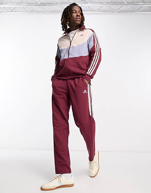 schraper anders wereld adidas Sportswear 3 stripe colourblock tracksuit in burgundy | ASOS