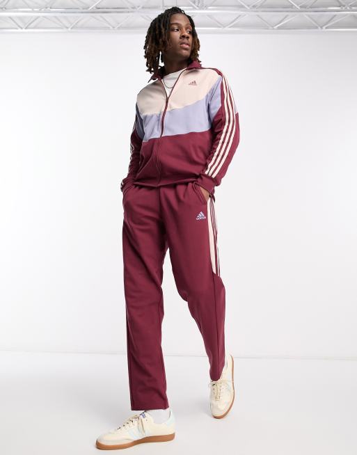 Ontbering Discriminatie hoog adidas Sportswear 3 stripe colourblock tracksuit in burgundy | ASOS