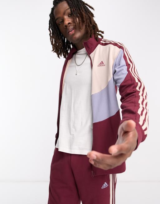 adidas Sportswear 3 stripe colourblock tracksuit in burgundy ASOS