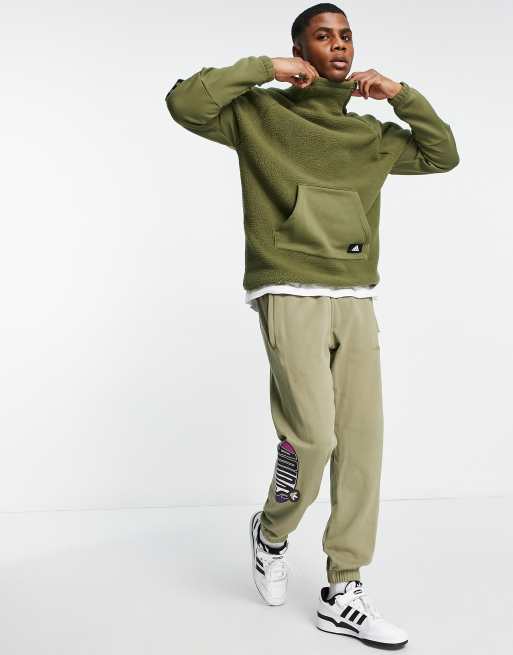 adidas Sportswear 3 stripe front pocket detail quarter zip sweat in khaki, 4 of 4