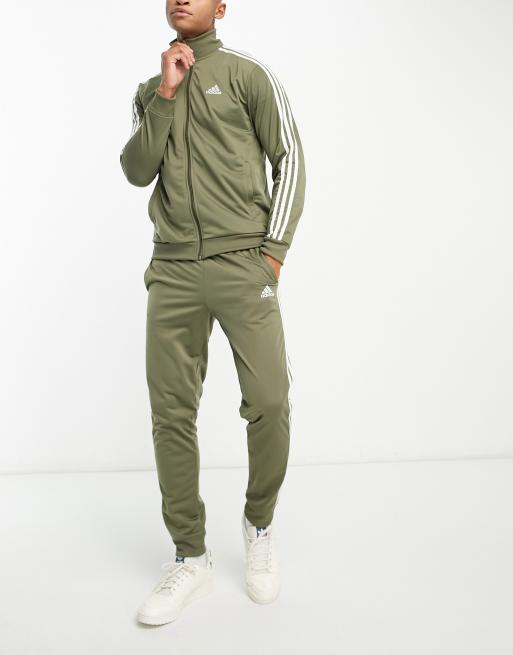 adidas Sportswear 3 stripe tracksuit in green