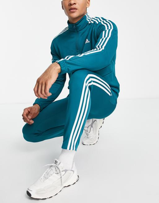 adidas – Sportswear – Blågrön träningsoverall i trikå med 3 ränder