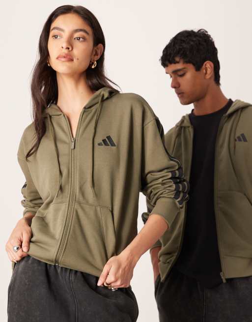 adidas Sportswear – Bluza z kapturem z tkaniny french terry w kolorze khaki z trzema paskami