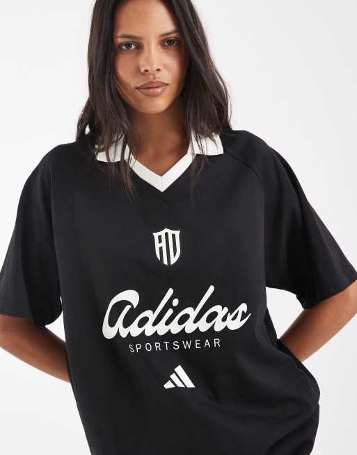 adidas Sportswear collared jersey in black, 3 of 4