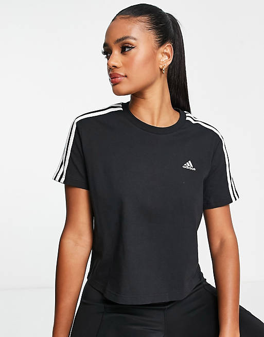 adidas Sportswear Essential 3 stripe cropped t-shirt in black | ASOS