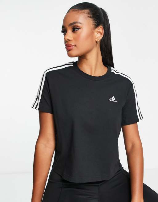 adidas Sportswear Essential 3 stripe cropped t shirt in black ASOS