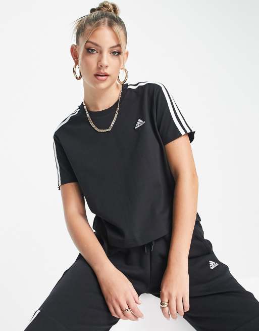 adidas Sportswear Essential 3 stripe cropped t-shirt in black | ASOS