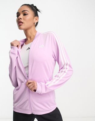 adidas Sportswear Essential 3 stripe tracksuit in pink