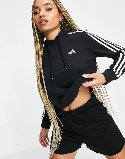 adidas – Sportswear – Essential – Kapuzenpullover n in Schwarz mit kurzem Schnitt und den 3 Streife