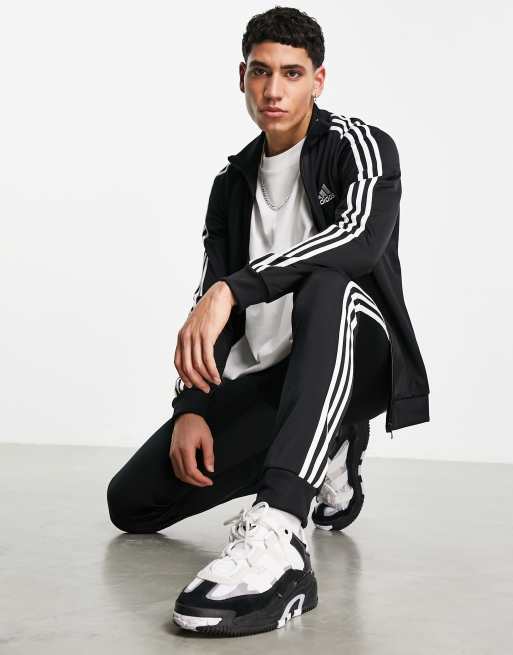 adidas – Sportswear Essential – Svart träningsoverall med 3 ränder, 3 av 4