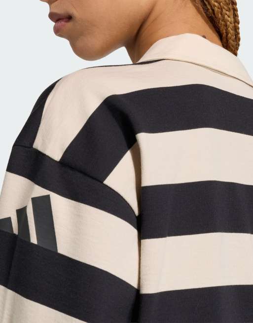 Adidas Sportswear Essentials contemporary french terry longsleeve polo in black / crystal linen, 3 of 4