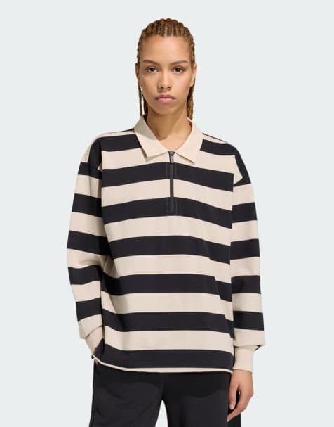 adidas Sportswear – Essentials – Czarno-kremowa koszulka polo z długimi rękawami z dresówki pętelkowej - view 1