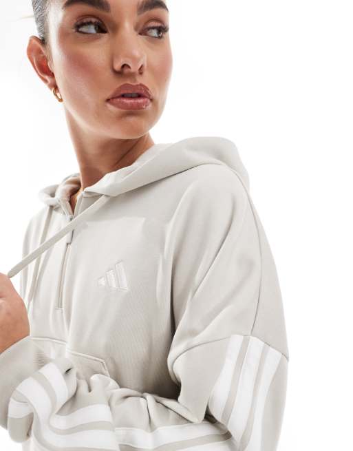 adidas – Sportswear – Essentials – Grå huvtröja i frotté med kort dragkedja och 3 ränder, 2 av 4
