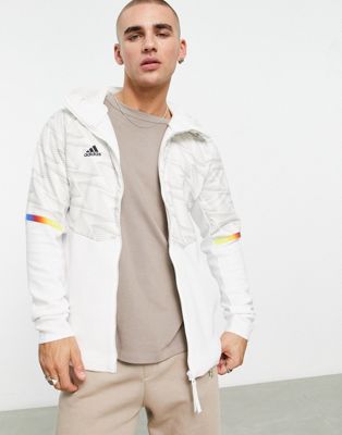 adidas Training Game Day printed full zip hoodie in white