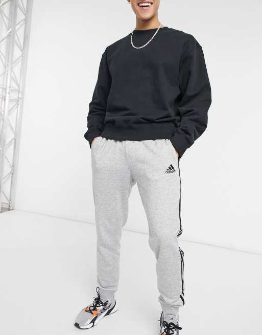 adidas – Sportswear – Gråmelerade mjukisbyxor med 3 ränder i fransk frotté