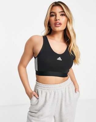 adidas Sportswear light support sports bra top with three stripes in black - ASOS Price Checker