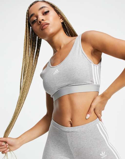 adidas Sportswear – Szary krótki top z kapturem i trzema paskami
