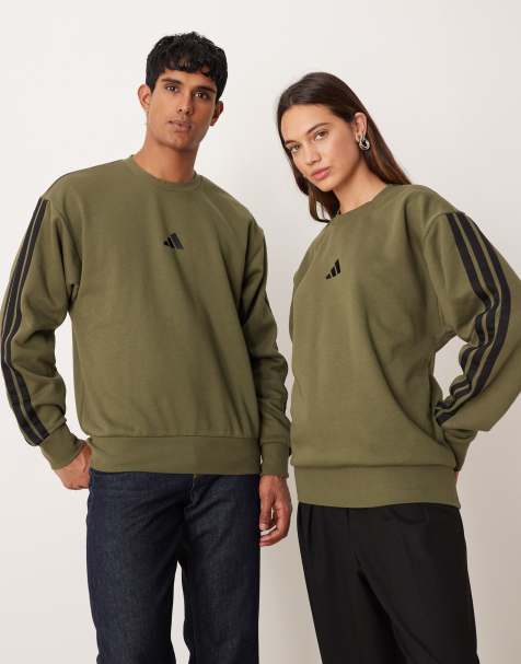 adidas Sportswear Three Stripe fleece sweatshirt in khaki